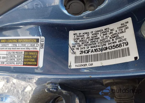 2009 Honda Civic Vp z USA, uszkodzony, nr VIN 2HGFA16369H356879